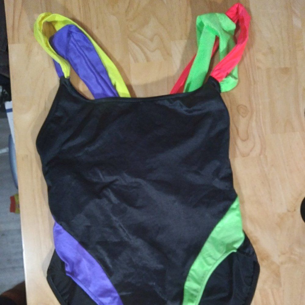 VTG Shore Shapes Neon Color Block 1 Piece Swimsuit